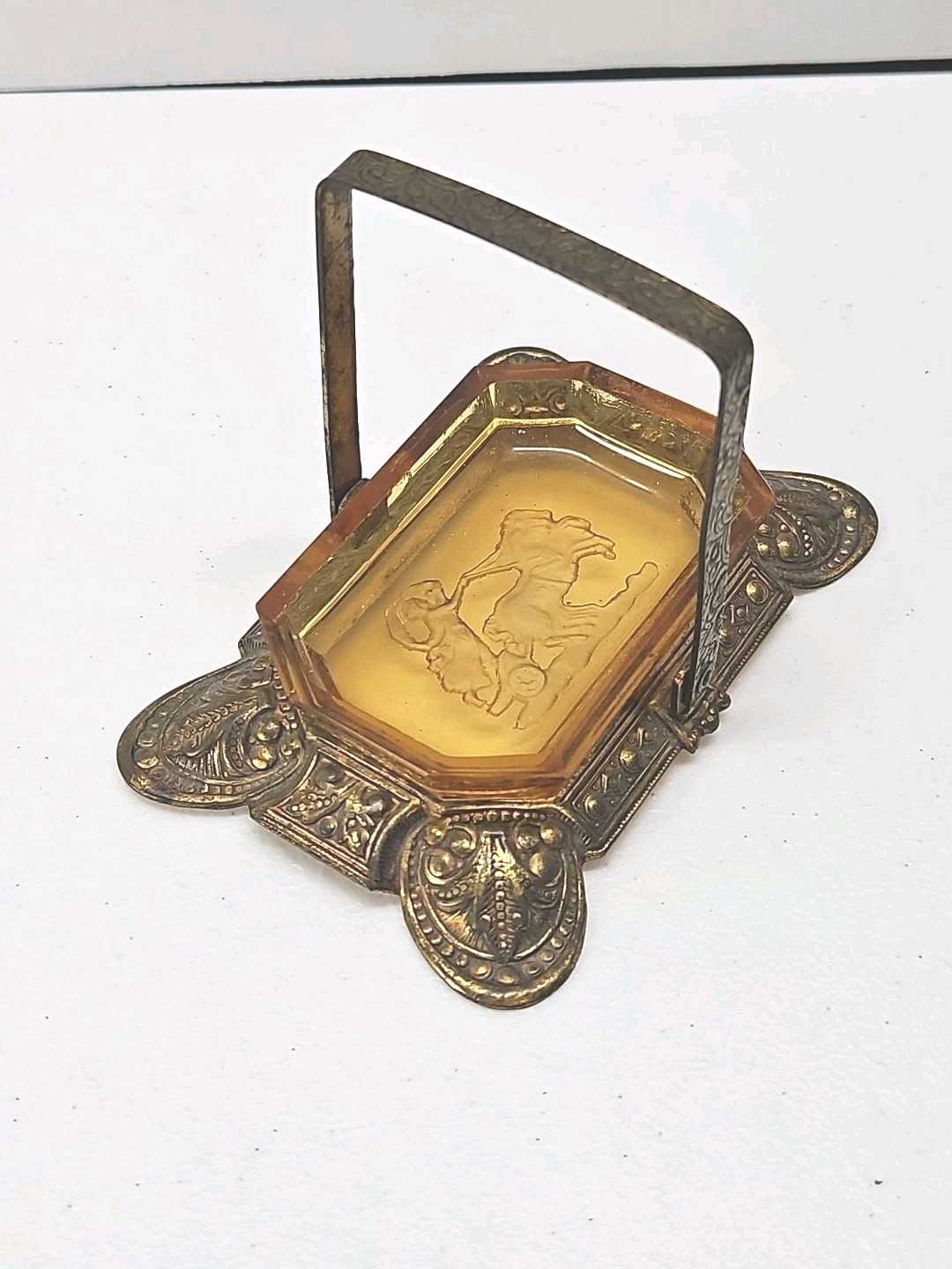 Antique Czech Amber Glass Salt Cellar Intaglio Design Ornate Brass Holder RARE