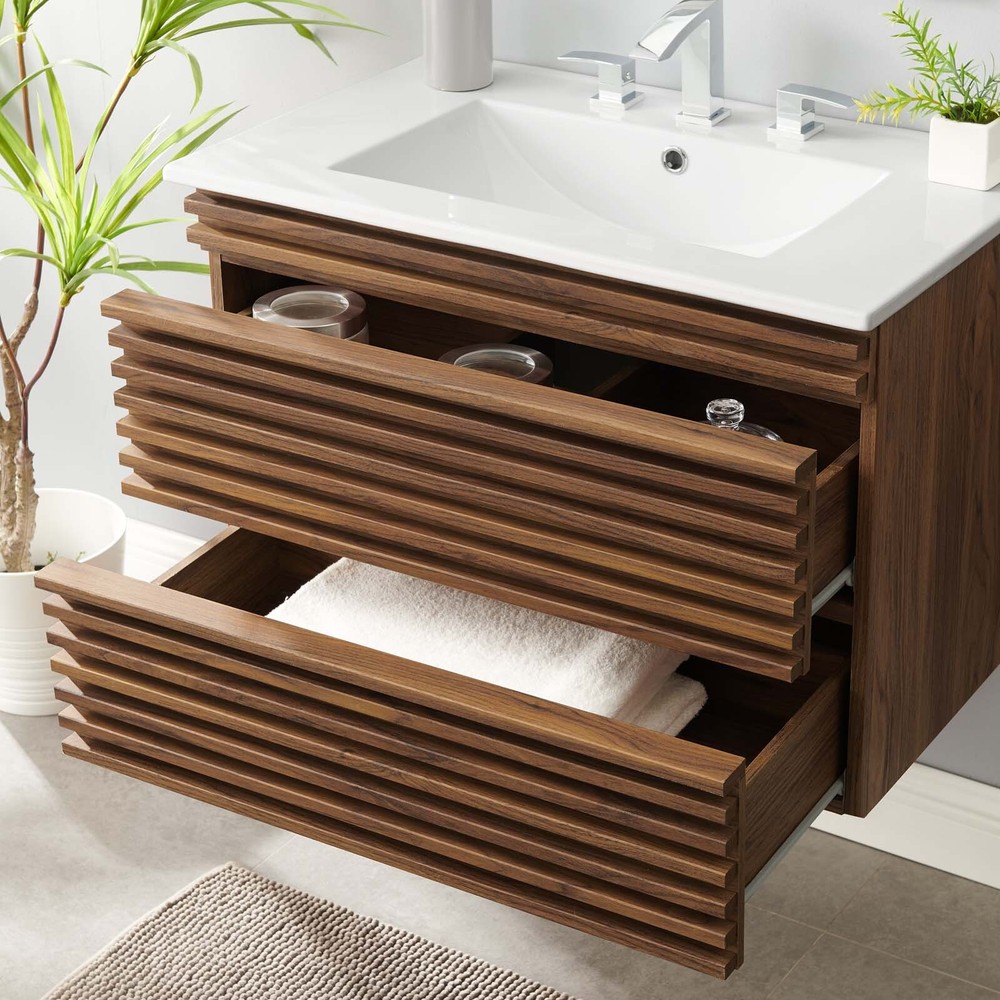 Modway Render 30" Wall-Mount Bathroom Vanity in Walnut White