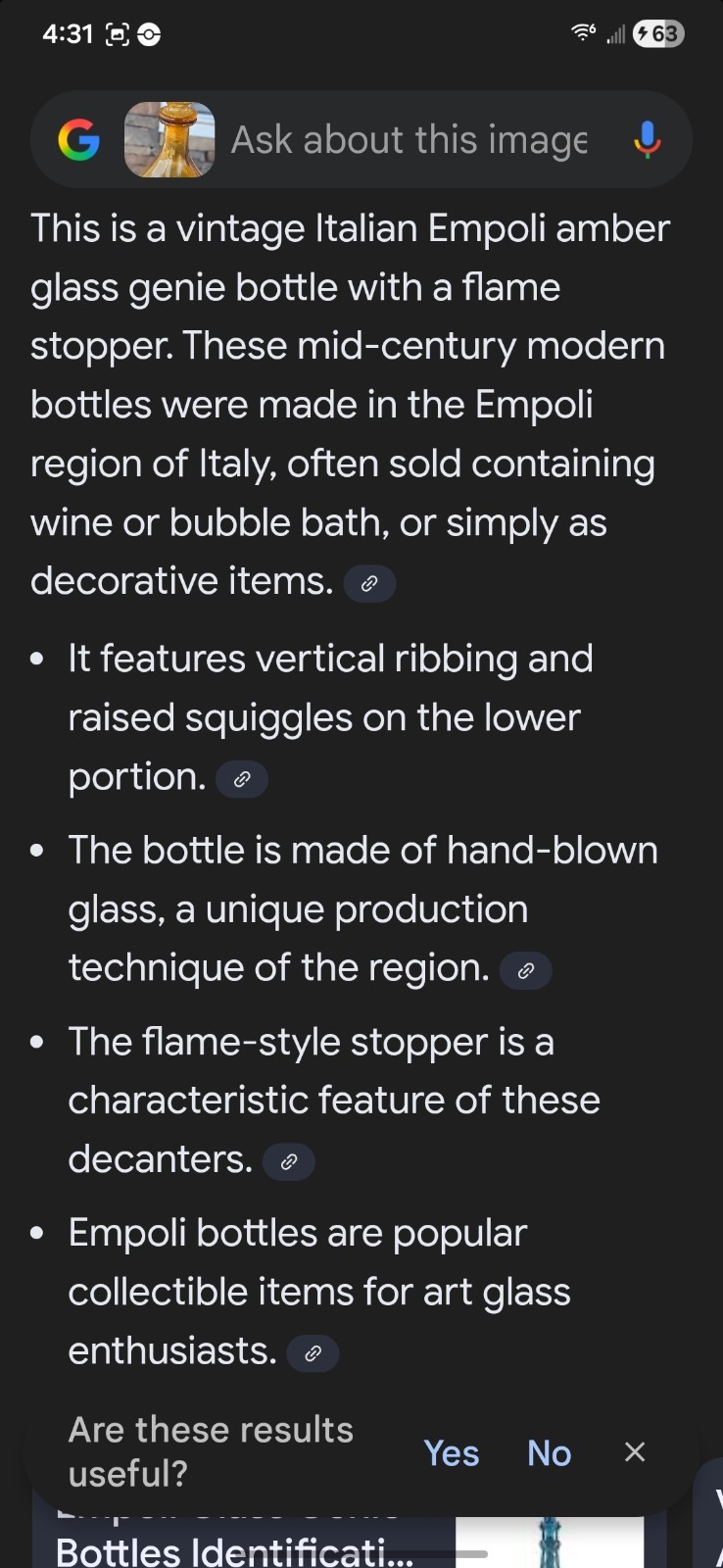 Vintage Empoli Rossini Italy Amber Glass Genie Bottle.(see Coupon Price)