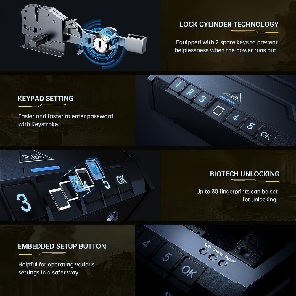Quick-Access Firearm Safety Device w/ Fingerprint Lock or Key Pad Biometric Safe