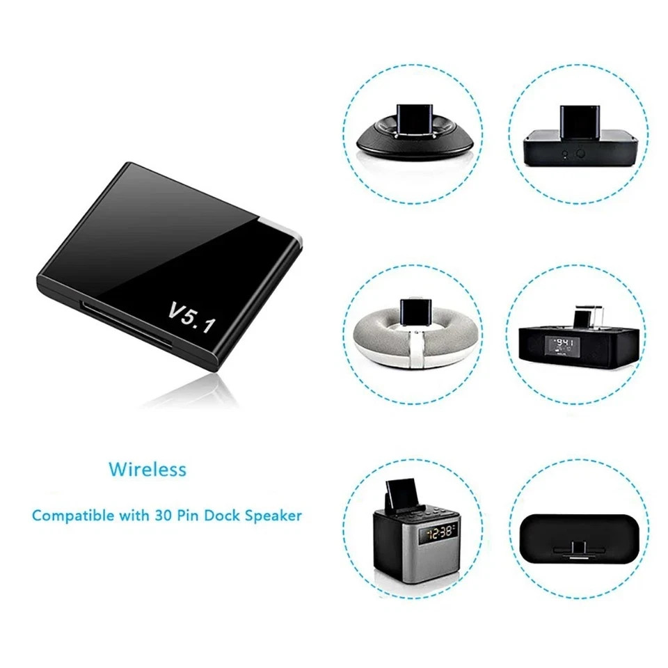 Bluetooth 5.1 Music Audio Adapter Receiver 30 Pin Dock Speaker for iPhone iPod