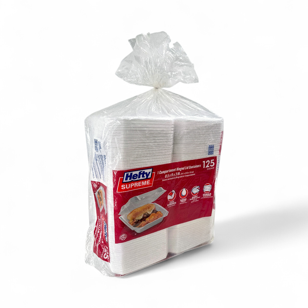 Hefty Supreme Foam Hinged Lid Container, 1-Compartment 9.5" x 9" x 3" 125 Count