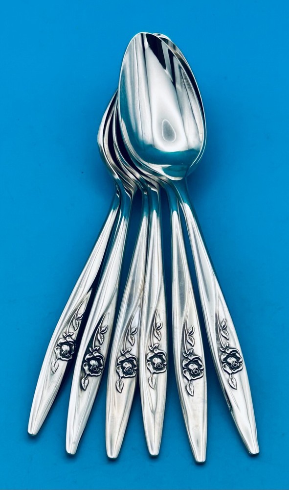 6 SIX Oneida LASTING ROSE Teaspoons 6" Stainless Deluxe Flatware Silverware