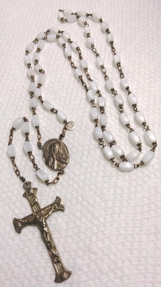 Antique White Glass Bead Rosary 1930's-40's Original Condition Italy