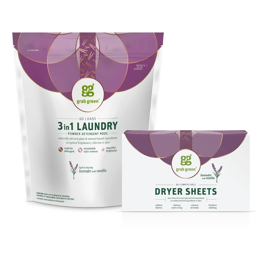 Grab Green 3-in-1 Laundry Detergent Pods and Dryer Sheet Bundle, 60 Count Pod...