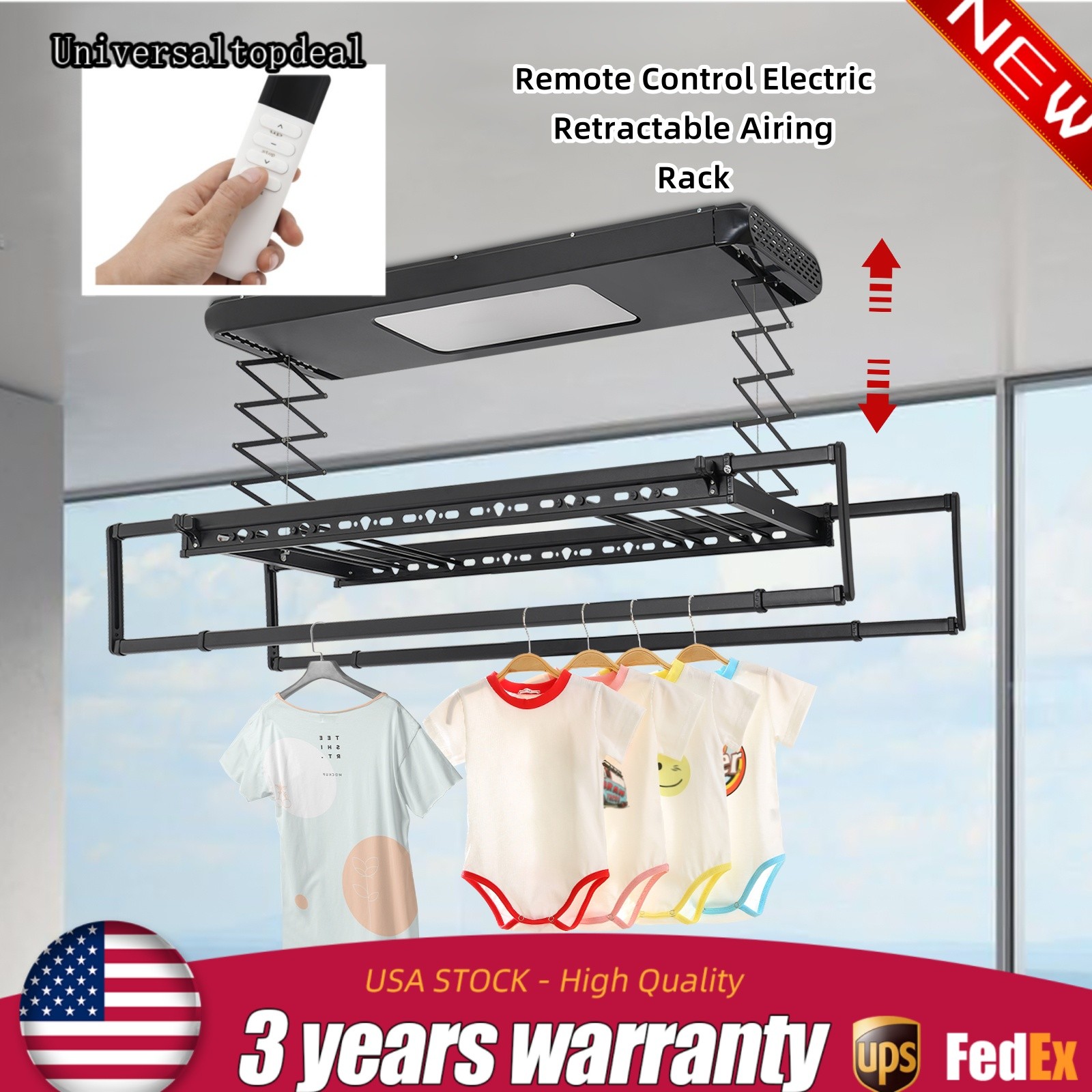 Electric Retractable Airing Rack Clothes Drying Rack W/ Remote Control & Light