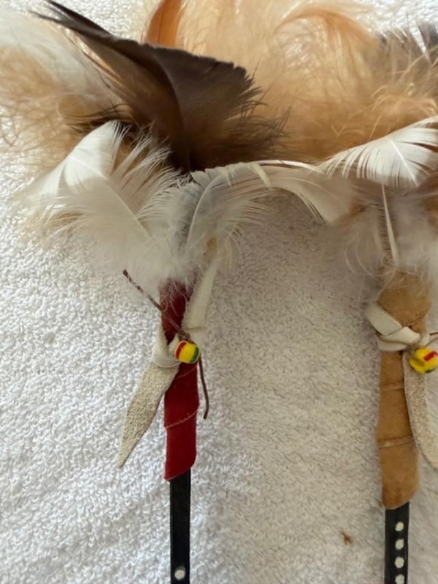 Lot of 2 Native American Indian Talking Sticks 10" Feathers