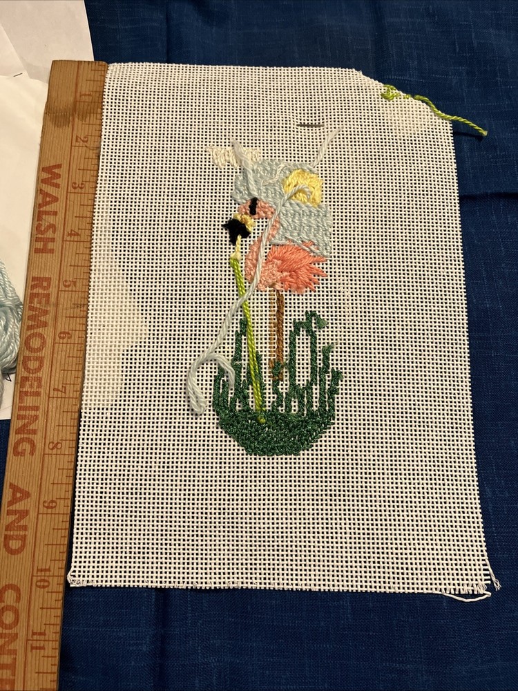 Flamingo Beach Sandal mostly completed Needle Point Canvas E889 Flip Flop 3"x6"