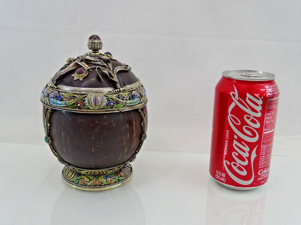 Hibjan Samu AUSTRIA HUNGARY BOX COCONUT SILVER ENAMEL DIAMOND EMERALD RUBY 1896