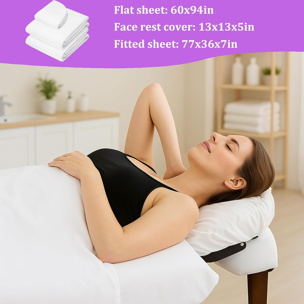 Massage Table Sheet Set, 3Pcs (Flat Sheet, Fitted Sheet, Face Rest Cover), White