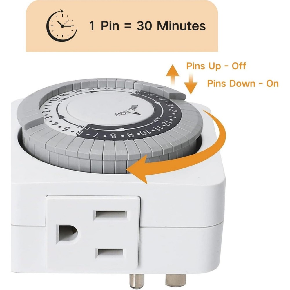 2 Pack 110-125V 3-Pin Timer Plug For Equipment Control 24-Hour Switch Device