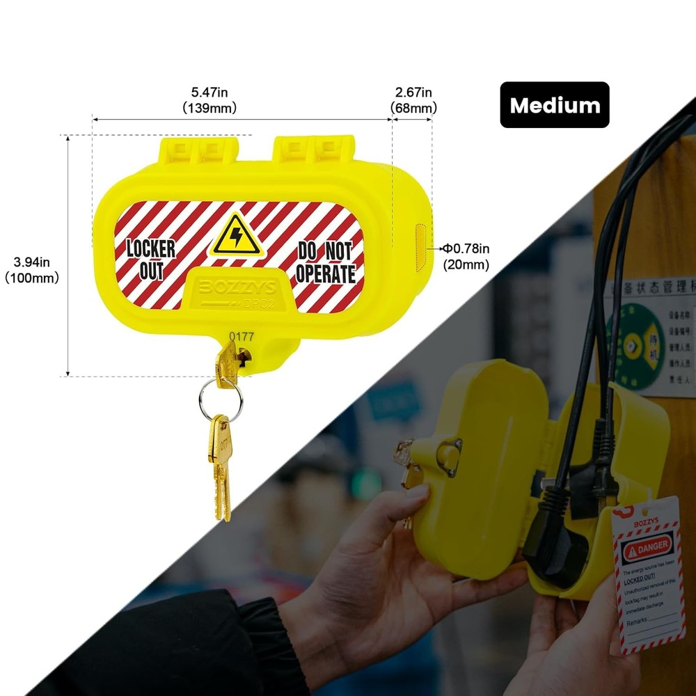Plug Locks for Power Cords with Keys - Medium Self-Locking Cover (No Padlock Req