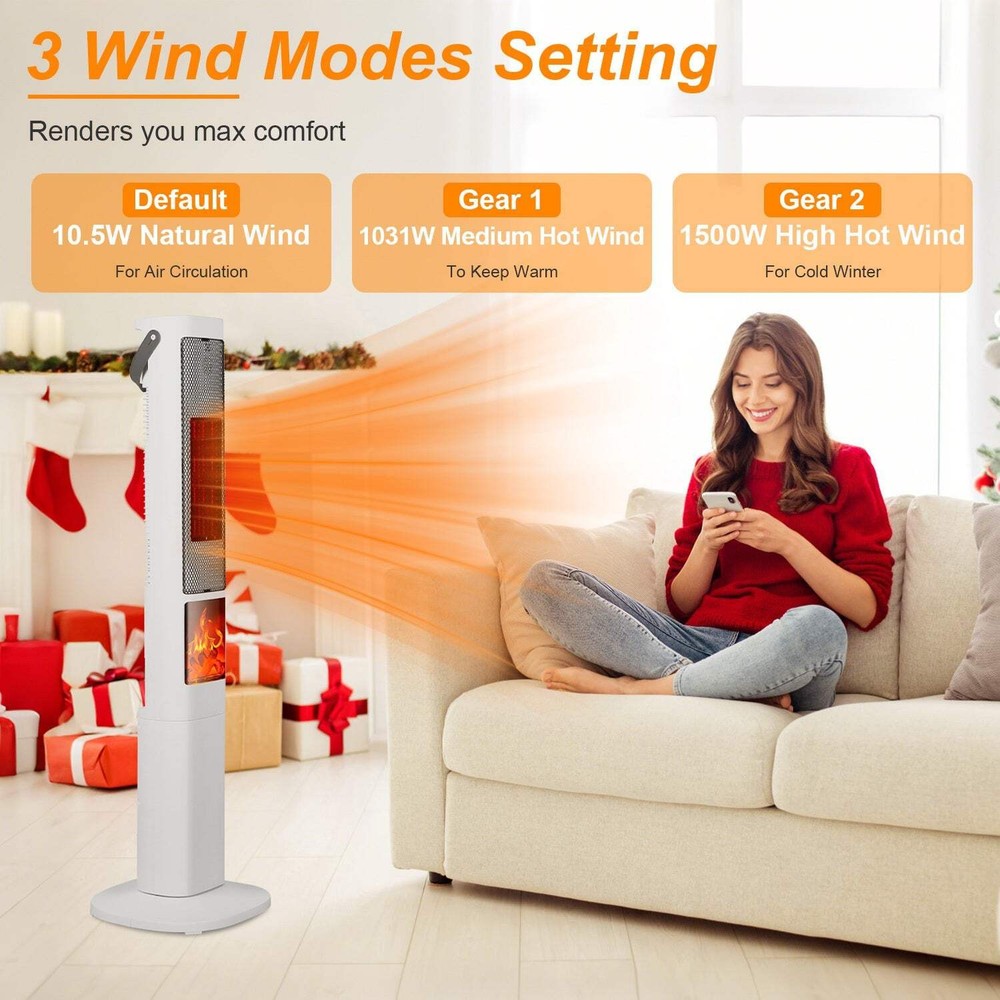 1500W Ceramic Tower Heater with 3D Flame & Remote Control