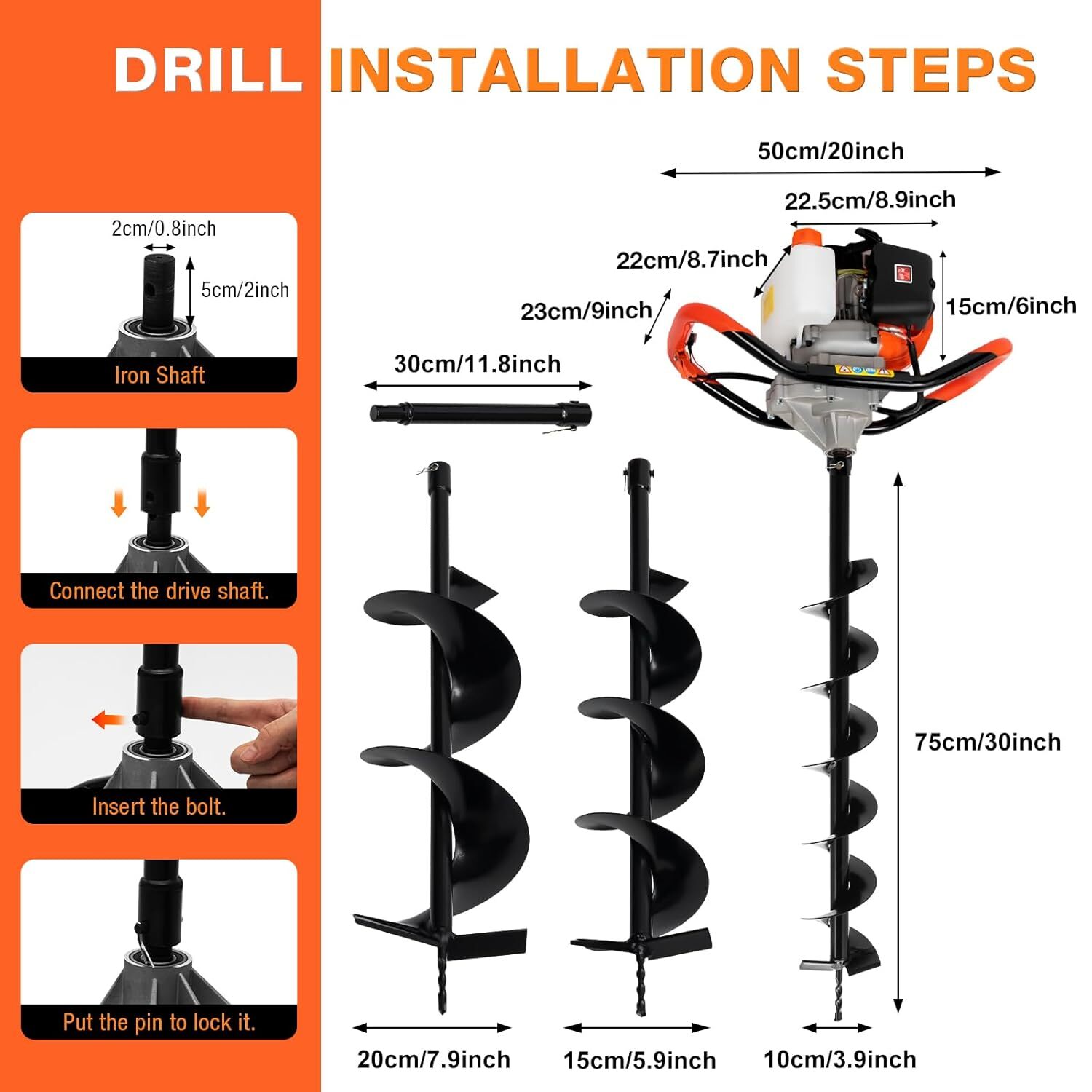 Auger Post Hole Digger 52cc-2 Stroke Digging Tool with Drill Bits 4'', 6" & 8"