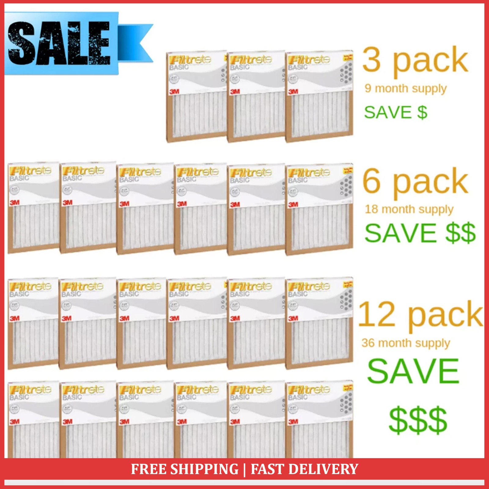 FILTRETE- AIR-FILTER PLEATED FURNACE REPLACEMENT PAD DUST PACK 3, 6, 12 NEW