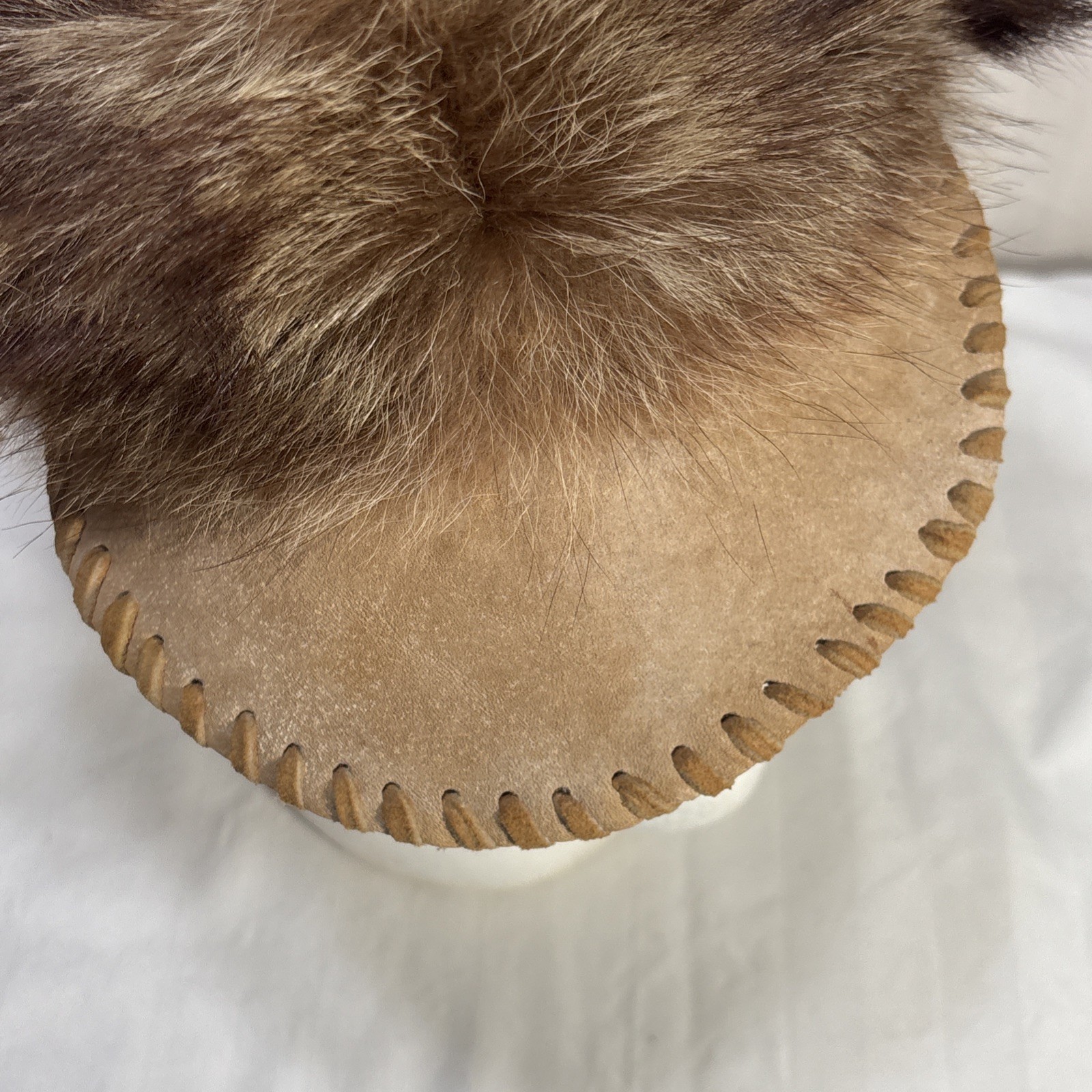 Custom Native American Racoon fur hat with Leather Brim + Beaded Accents Size M
