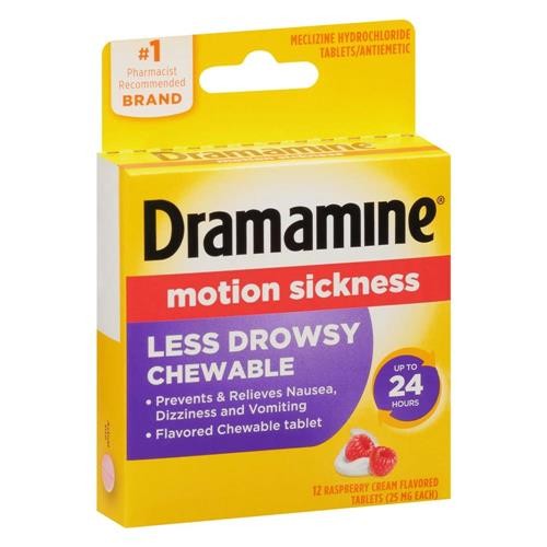 Dramamine Motion Sickness Relief Less Drowsy Chewable Raspberry Cream 12 Tablet