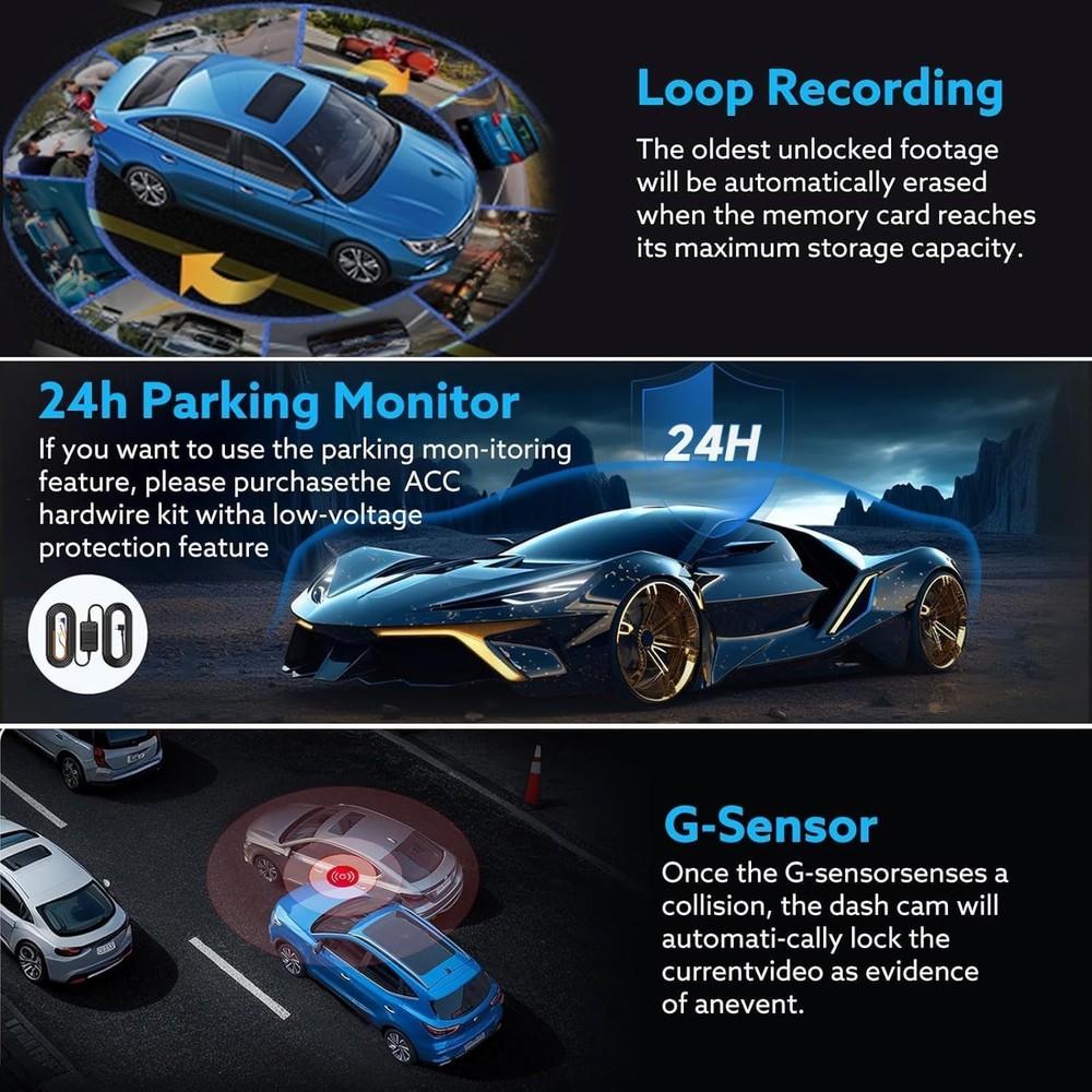 Comprehensive 1080P Front/Inside Dash Camera with Loop Recording & Night Vision