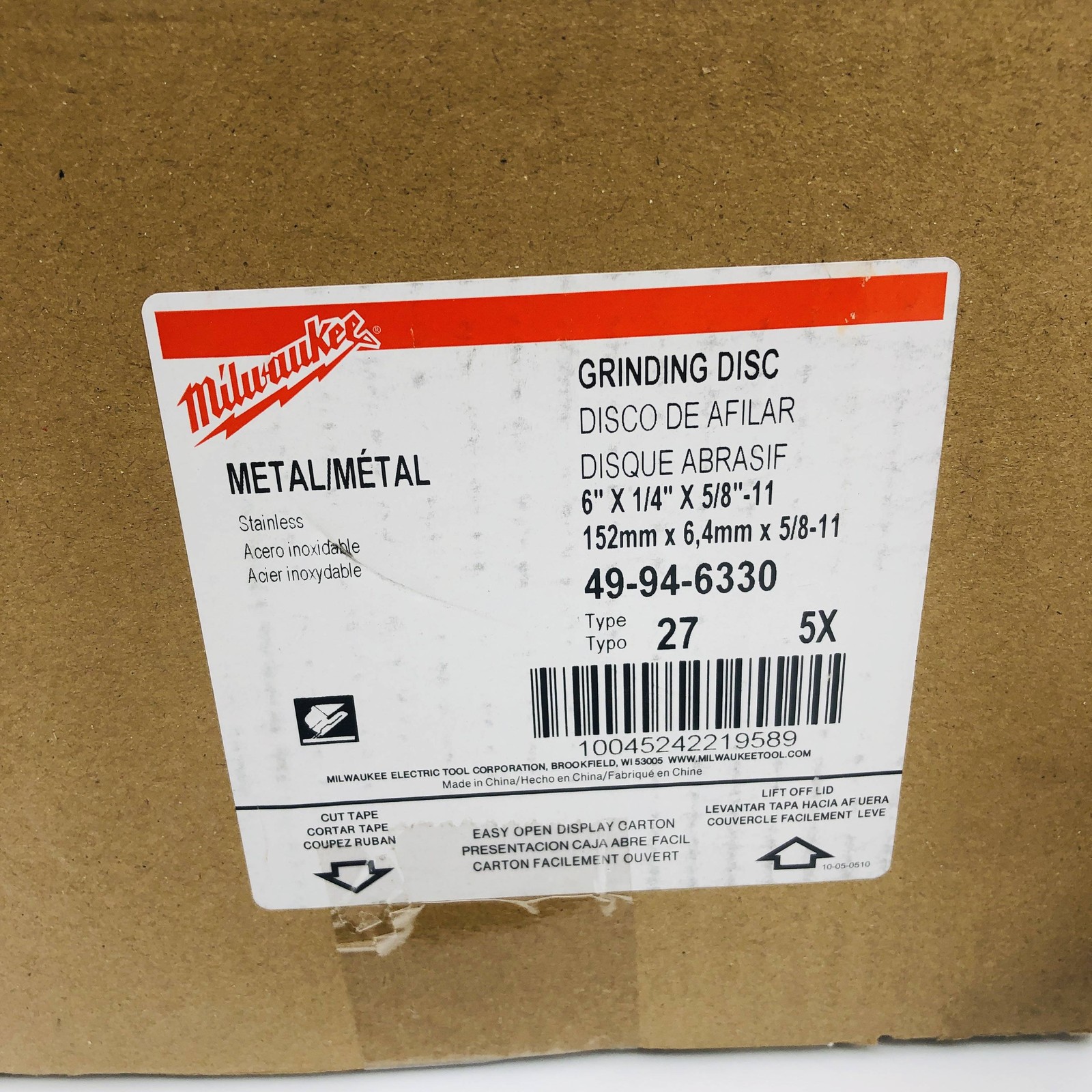 5pk Milwaukee 49-94-6330 Grinding Disc 6in x 1/4in x 5/8in-11 Type 27 AO