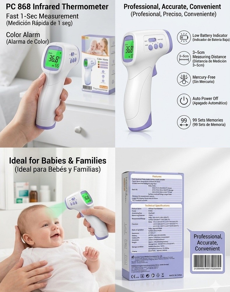 Pacom PC868 Infrared Forehead Thermometer LCD Display Contactless Memory