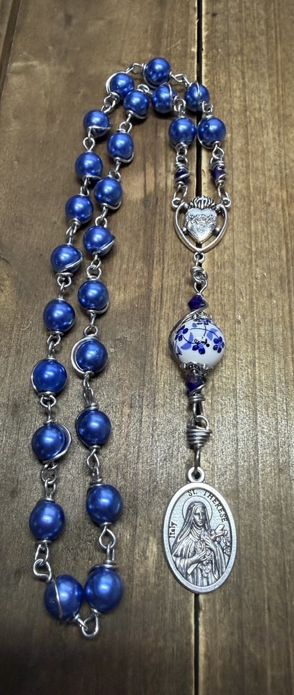 St. Therese Chaplet, Blue Beads Catholic Chaplet - Handmade
