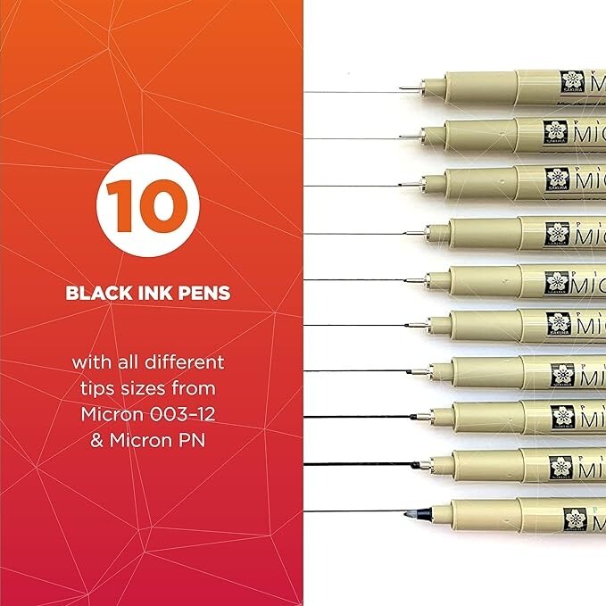 SAKURA Pigma Micron PN Black Fineliners - NEW 10 Pack Assorted Sizes -FAST Ship!