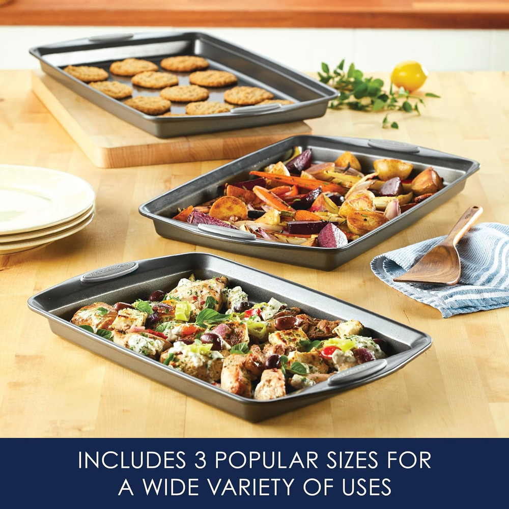 Nonstick Bakeware Set with Grips - 3 Piece Gray Cookie Sheets