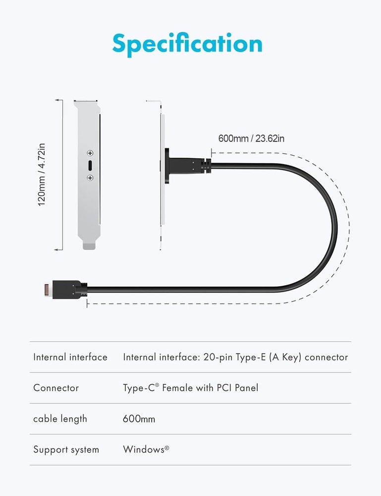 GRAUGEAR 20Gbps USB 3.2 Gen 2x2 USB-C Front Panel Type-C Adapter, Silver