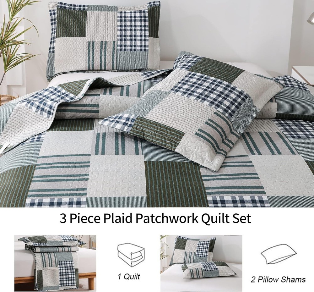 Durable Microfiber Queen Bedspread with Patchwork Design - Easy Care Bedding