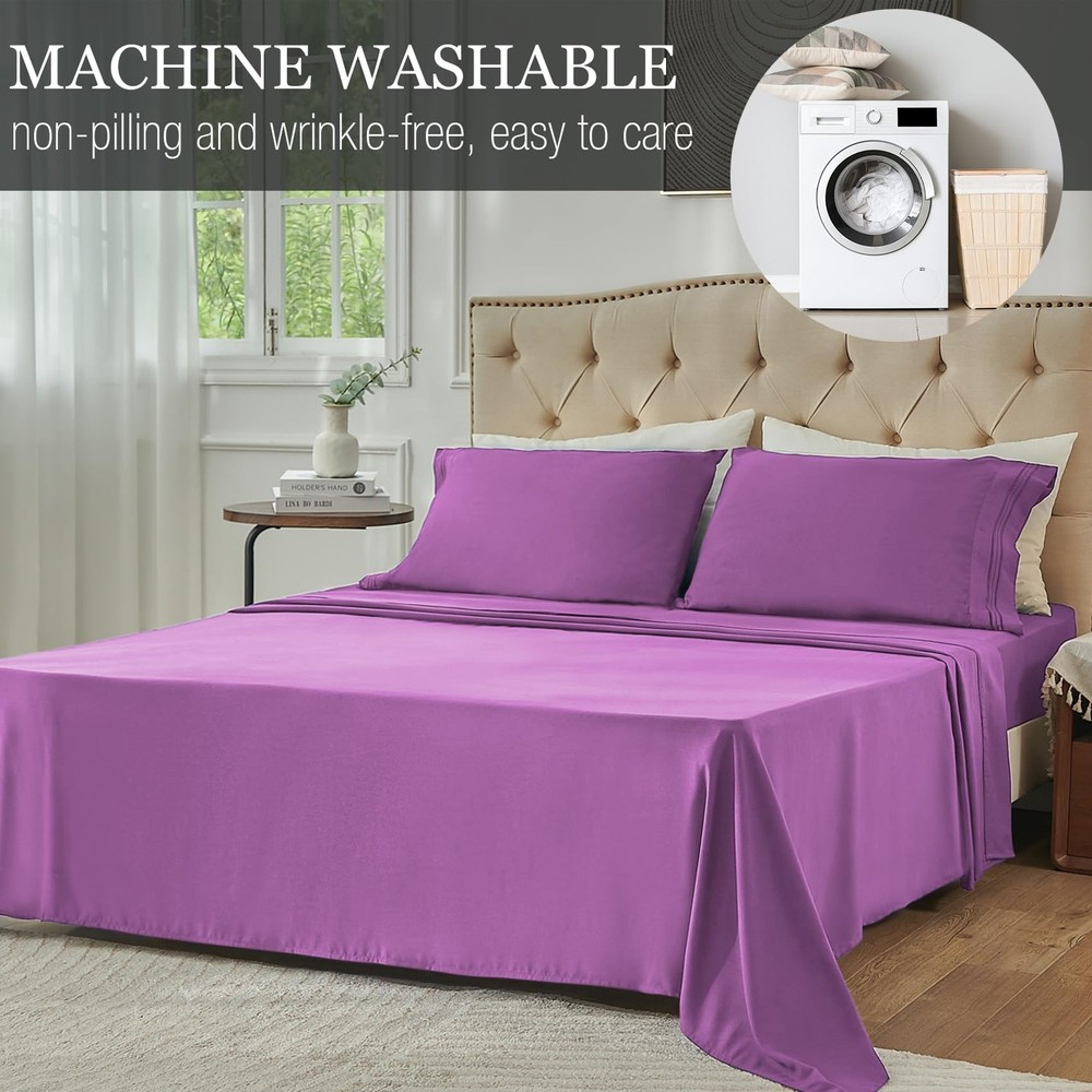Queen Sheet Set Cooling Sheets Deep Pocket Queen Size Bed Sheets Set, Purple ...