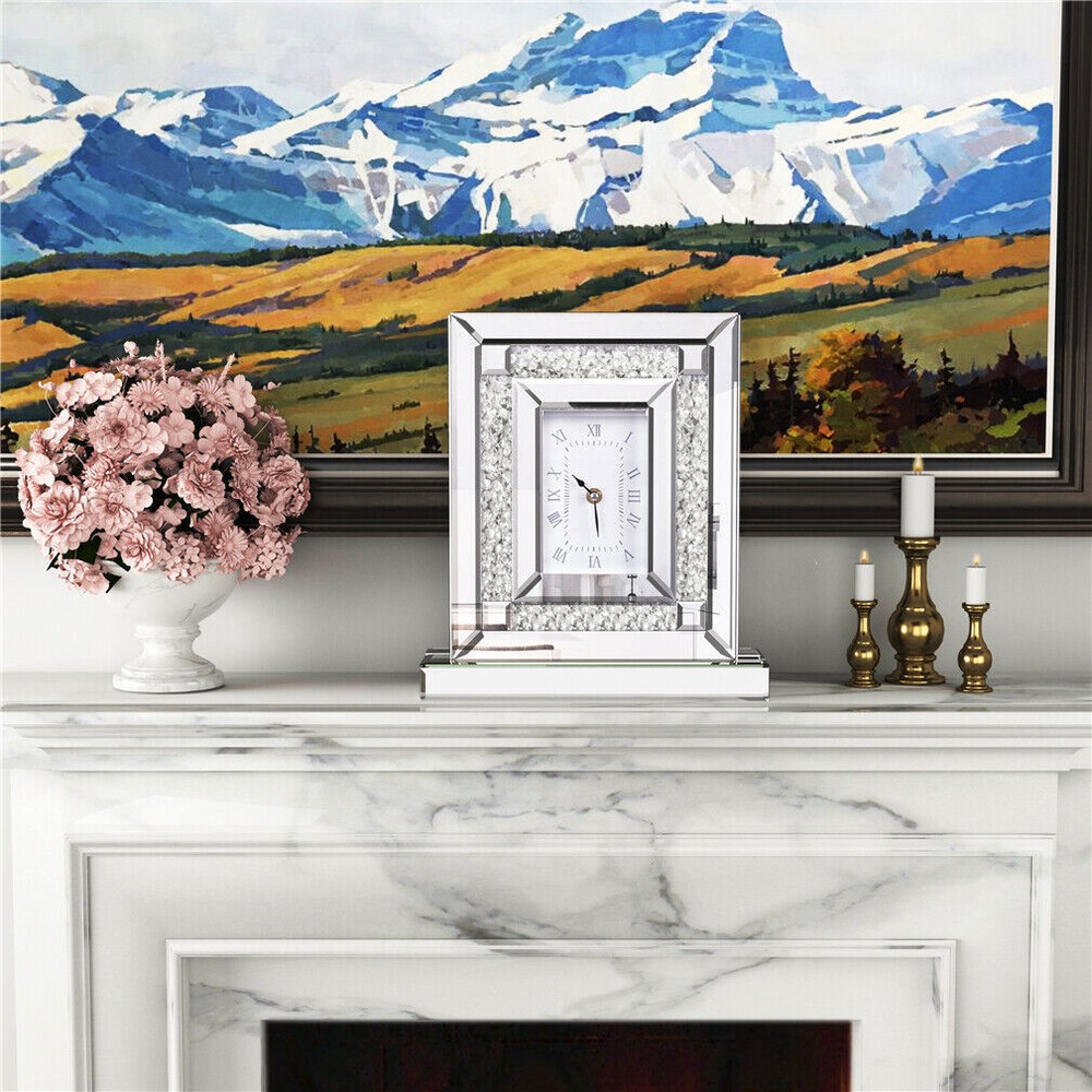 Polished Silver Table Desktop Clock Crush Diamond Surrounded Fireplace Ornaments