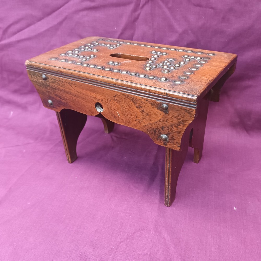Small Antique Treen Studded Cracket style Stool marked 'E W'