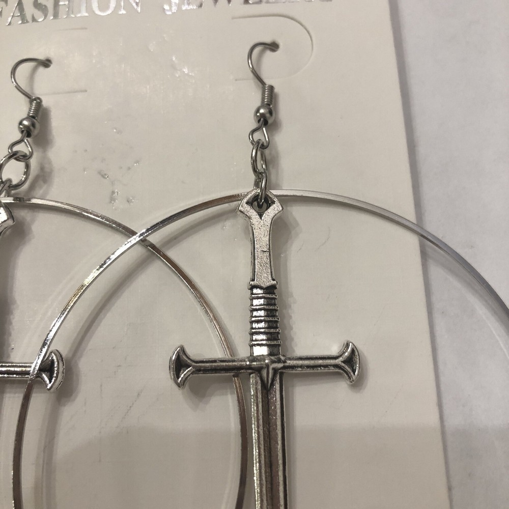 Gothic Style Silver Tone Sword Hoop Pierced Earrings