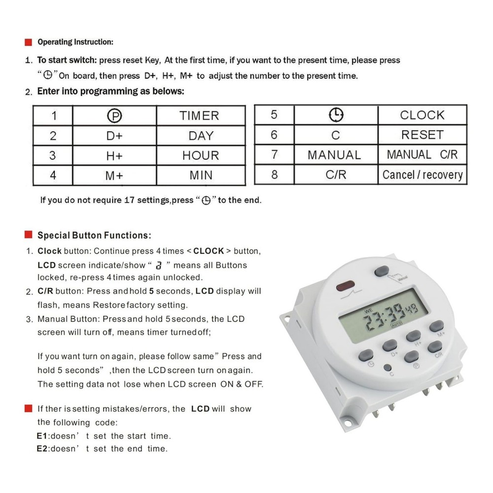DC 12V Digital LCD Programmable Timer For Relay Switch 16A 1Min-168H Range