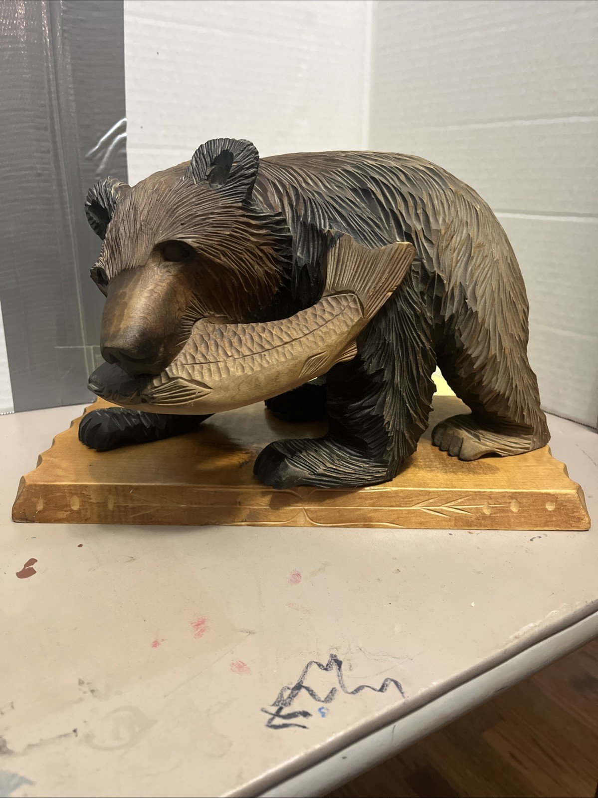 Japanese Style 13” W x 7” L x 9” T Wooden Ainu Bear With Salmon Statue With Base