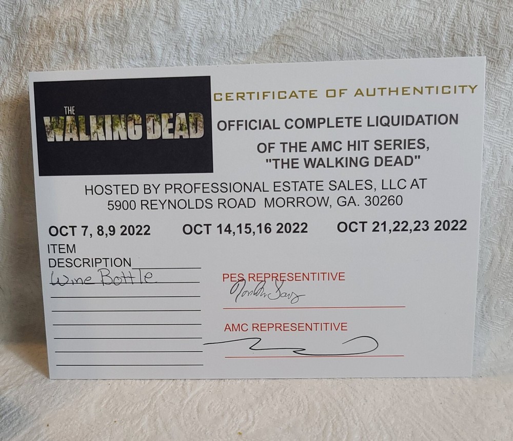The Walking Dead Prop ‘Quantity 1’ Random Prop Wine Bottle With COA Box #139