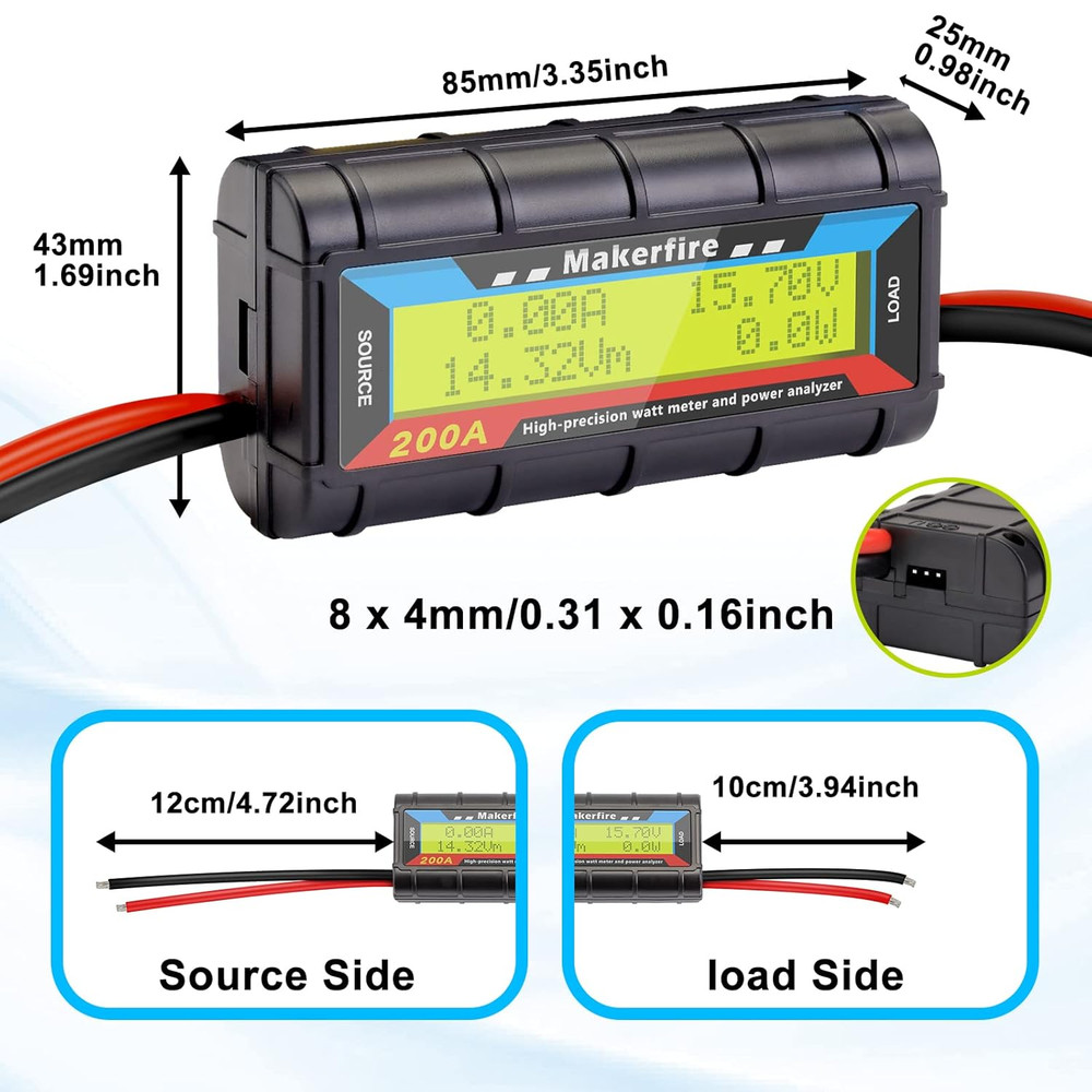 Makerfire 200A Upgraded Watt Meter with Longer Wire, High Precision Power Analyz