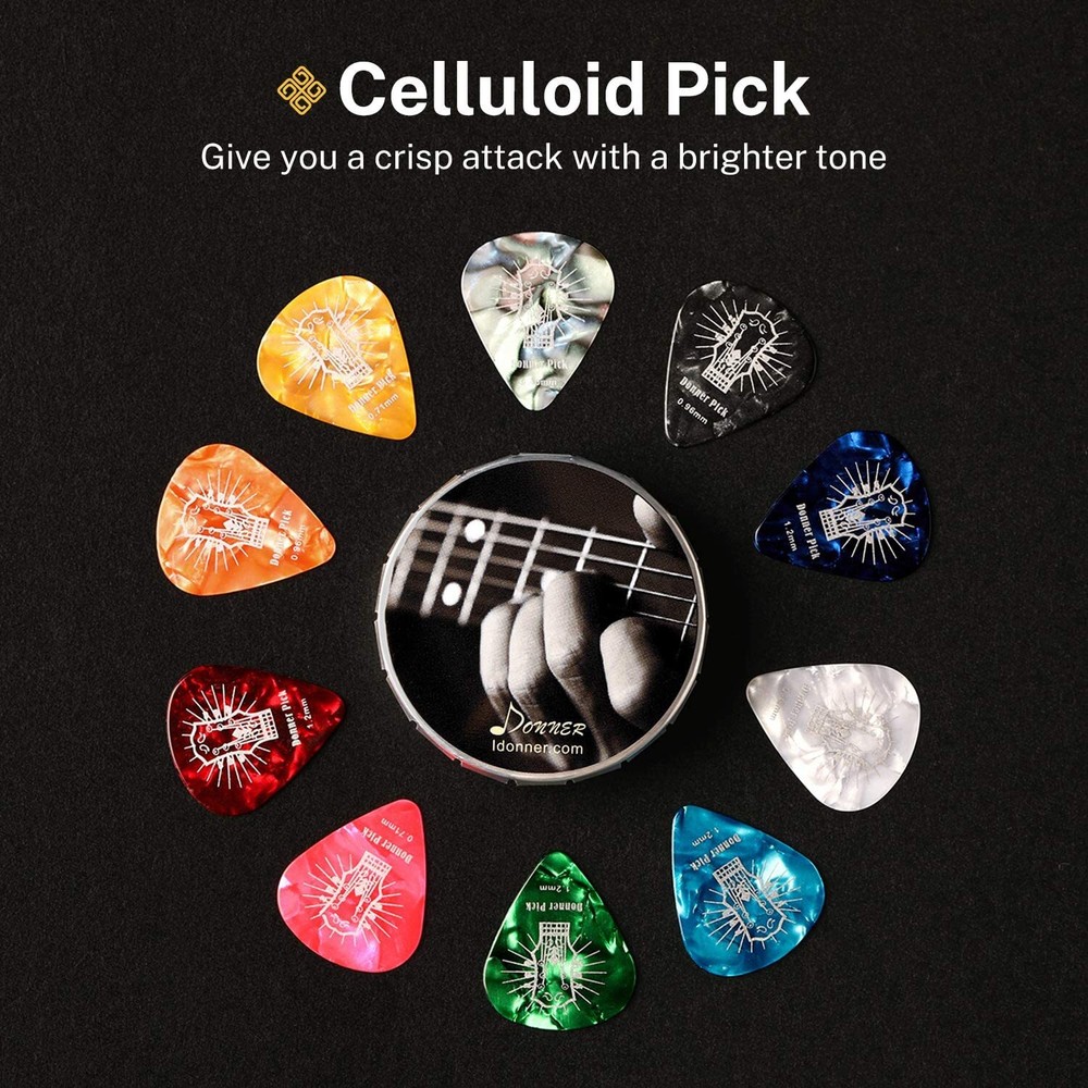 Donner Guitar Picks Celluloid 16 Pack Thin Medium Heavy Extra Heavy Picks + Case