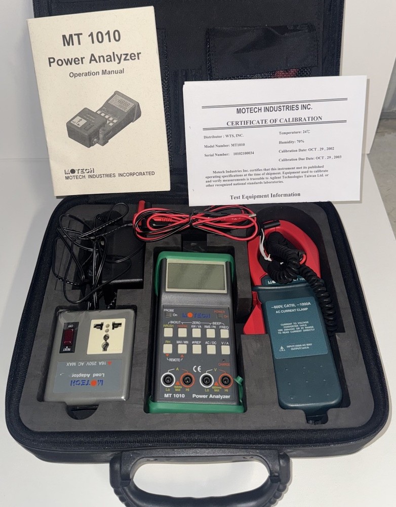 MOTECH MT1010 Power Analyzer Kit W/ Ac Current Clamp, Load Adapter, Manual, Case