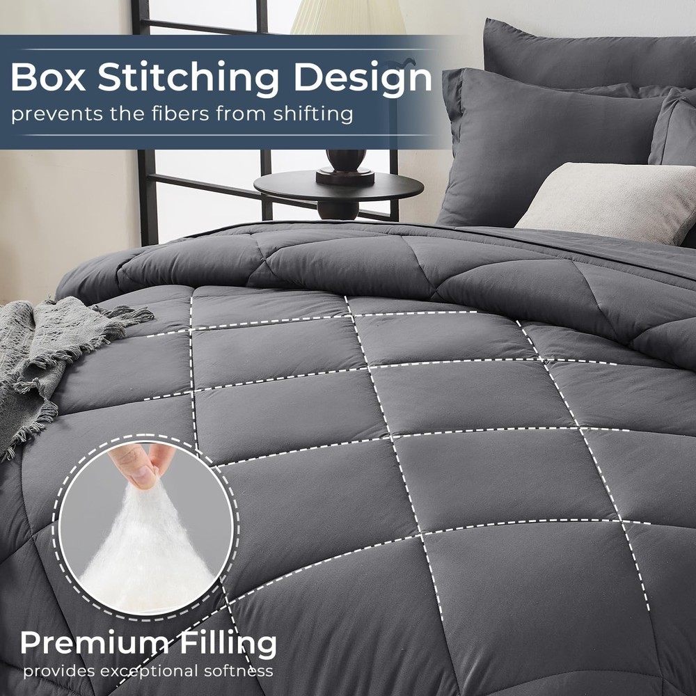 Queen Comforter Set 7pc, Reversible Bed In A Bag, Includes Pillowcases, Grey