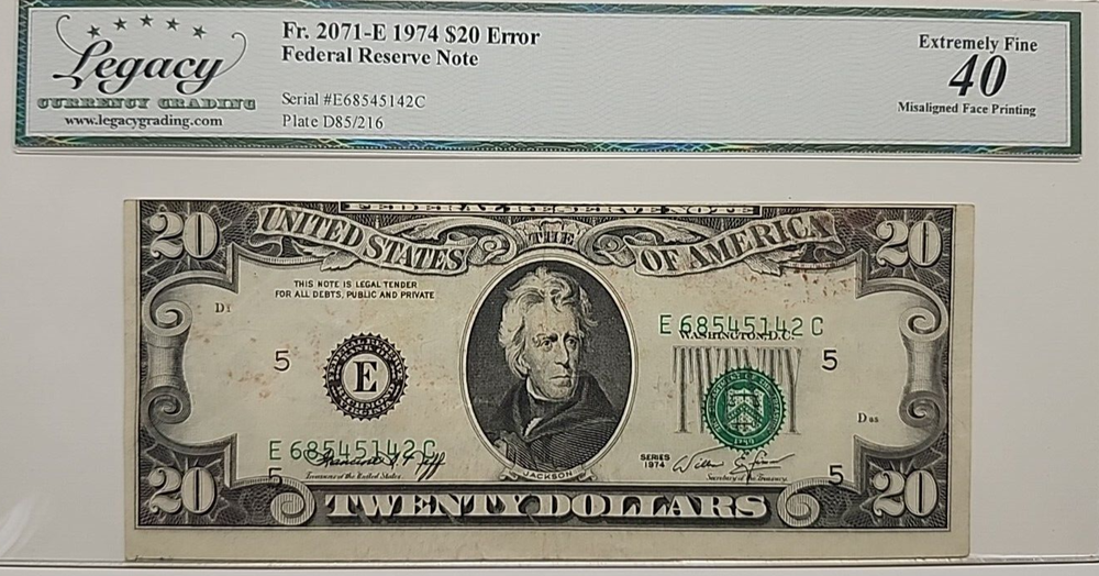 MISALIGNED PRINTING ERROR 1974 20$ LEGACY40 5142C