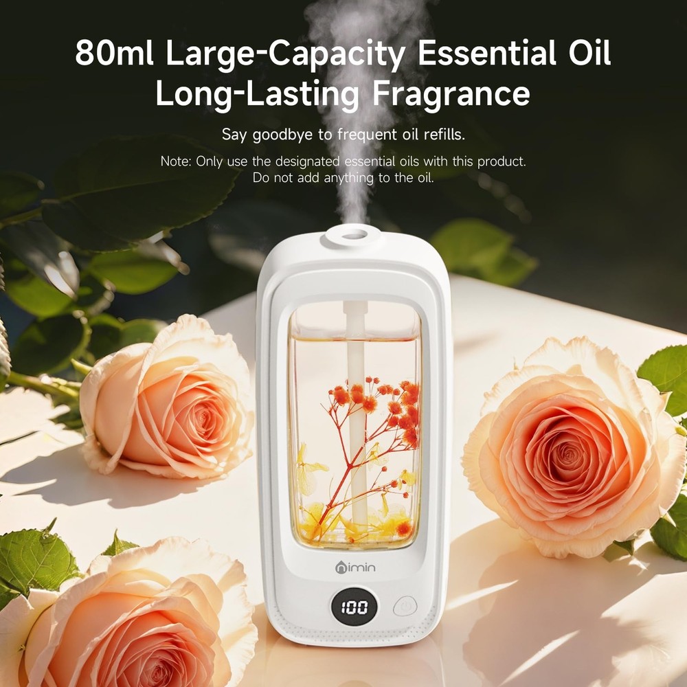 Small Waterless Oil Diffuser, Cordless Aromatherapy Diffusers with Real Flowe...