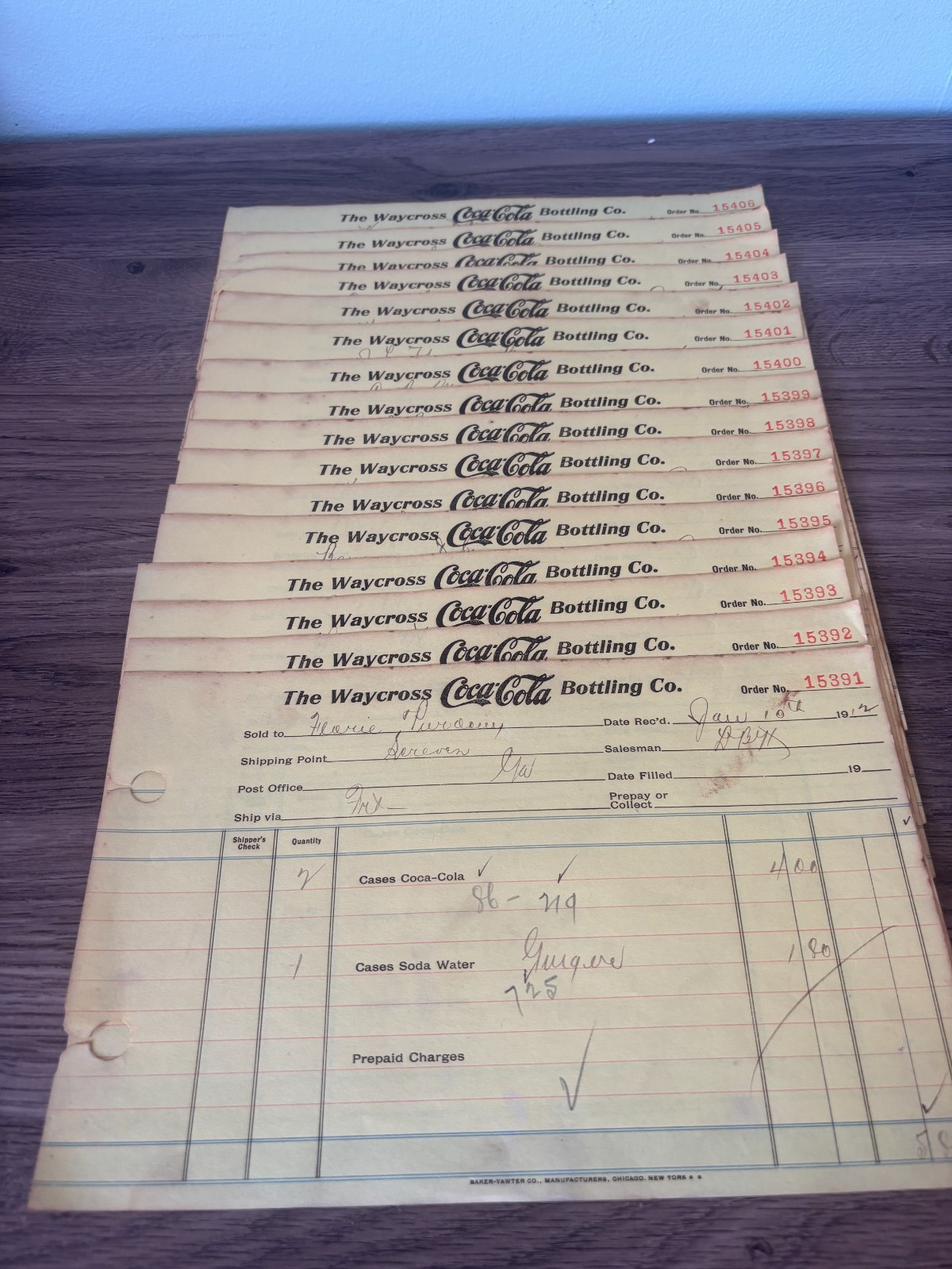 15 - 1912 - Waycross Georgia - COCA COLA Bottling Co. - Sales Order Documents