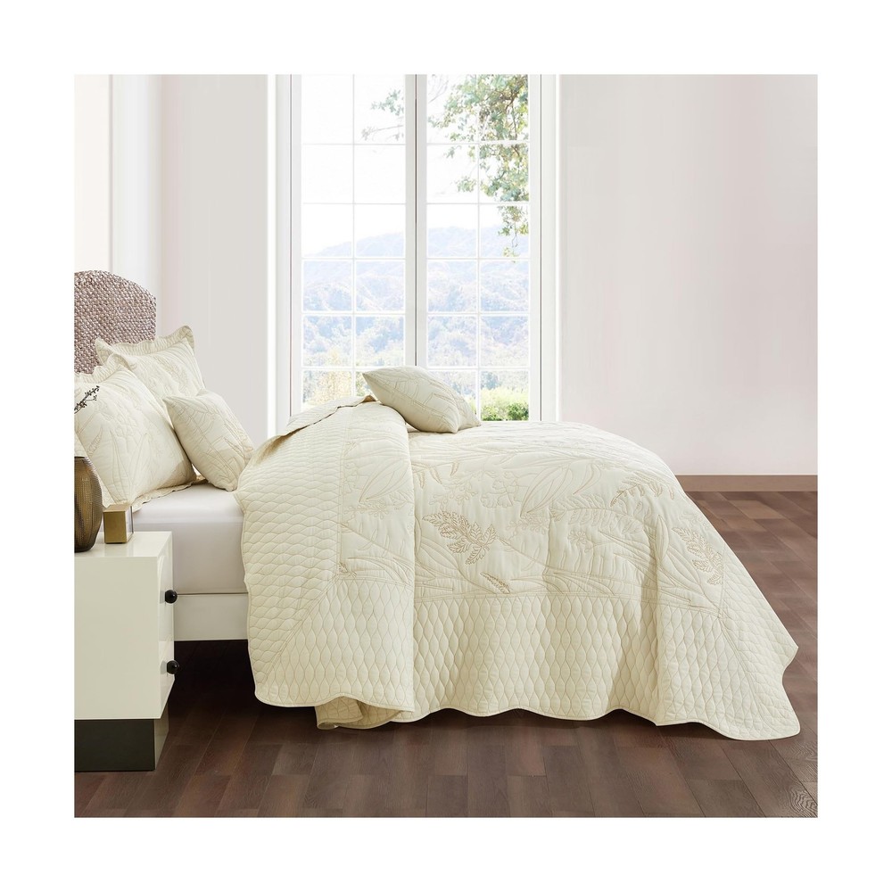 Botanical Oversized Bedspread Queen Size - Leaves Pattern Stitching... Fast Ship