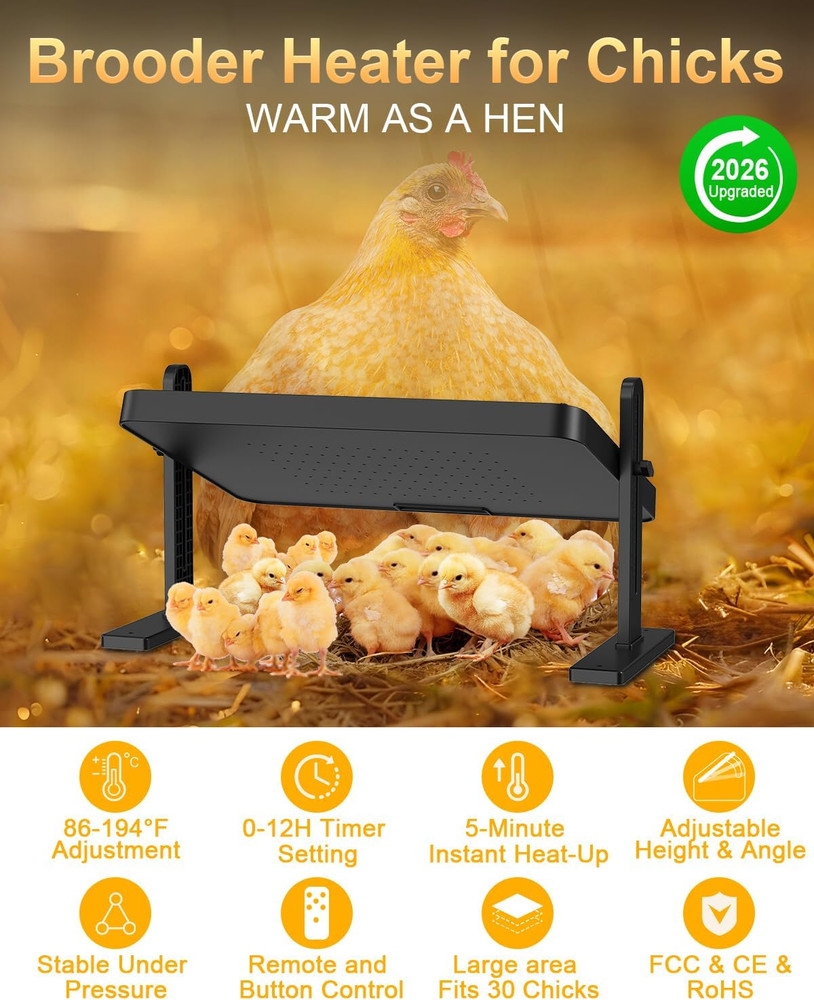 Chick Brooder Heater with Adjustable Temp (86~194℉) & 12H Timer & Height & Angle
