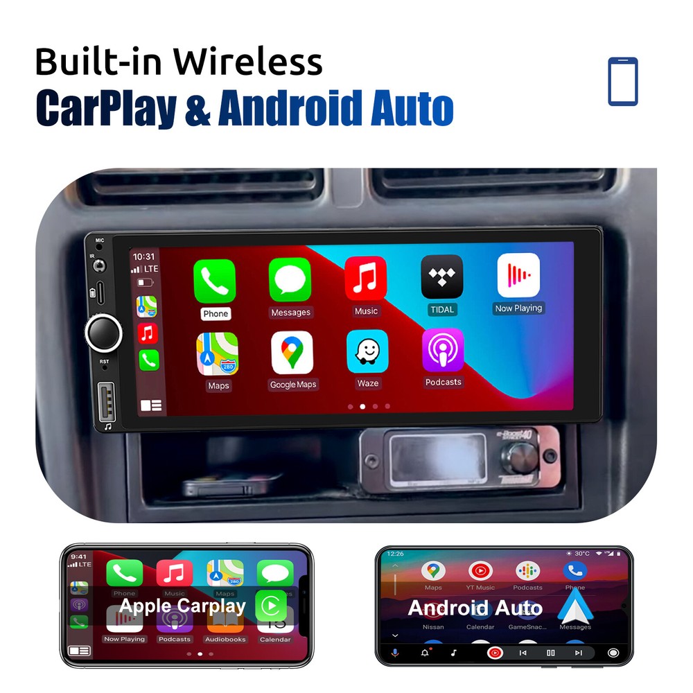Single 1DIN 7" Wireless iOS Carplay Car Stereo Android 12 GPS IPS USB TypeC +AHD