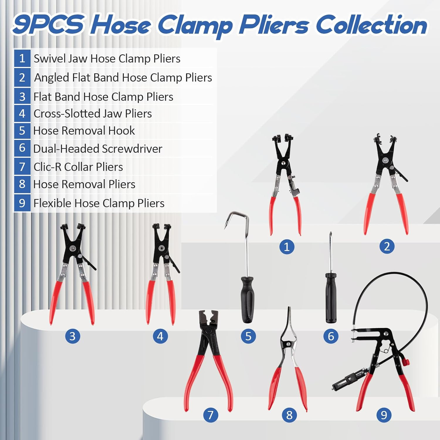 10Pc Hose Clamp Clip Remover Pliers Wire Long Reach Kit Fuel Oil Water Hose Tool