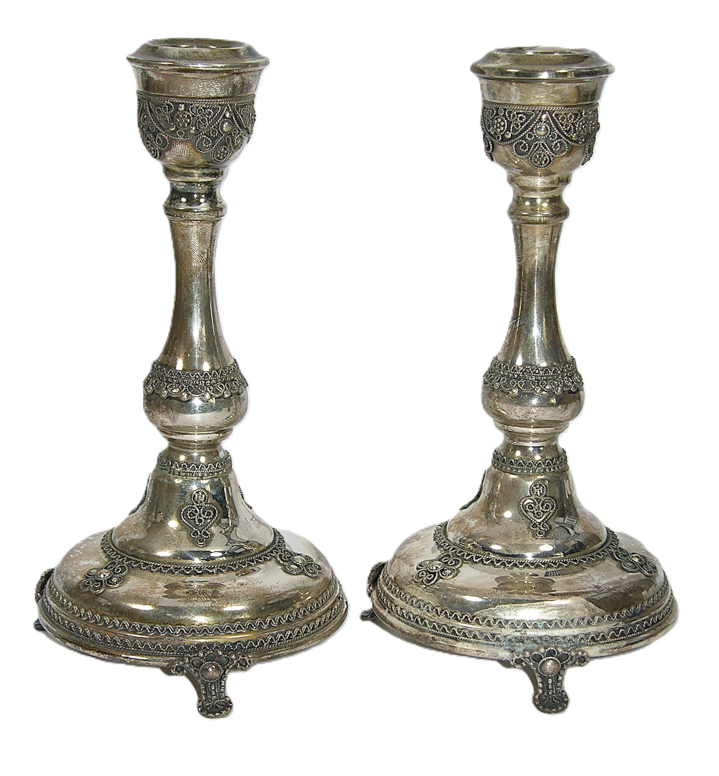RARE Pair of Jerusalem Shevach Bros Filigree Sterling Silver Candlestick Holders