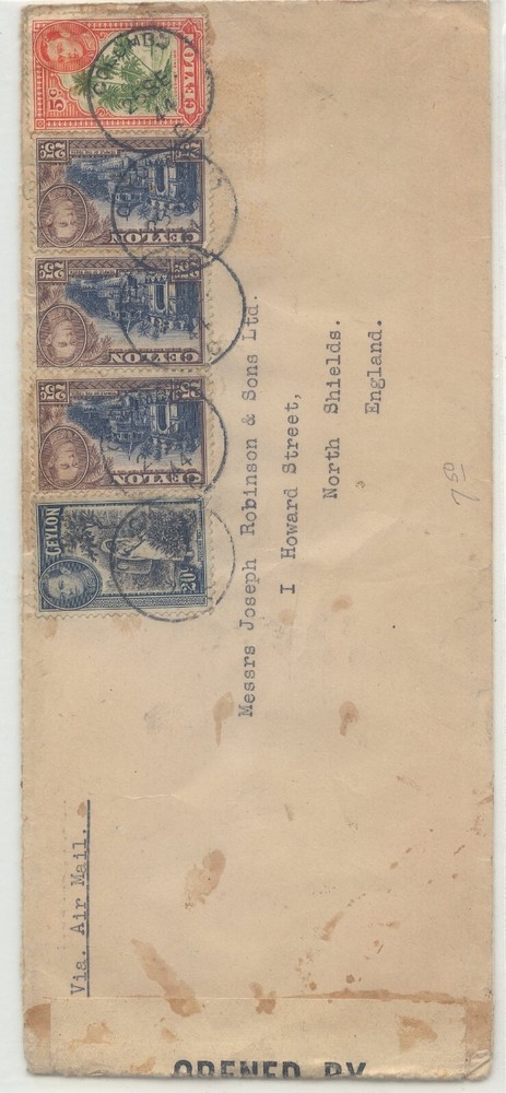 Ceylon long censor cover to England