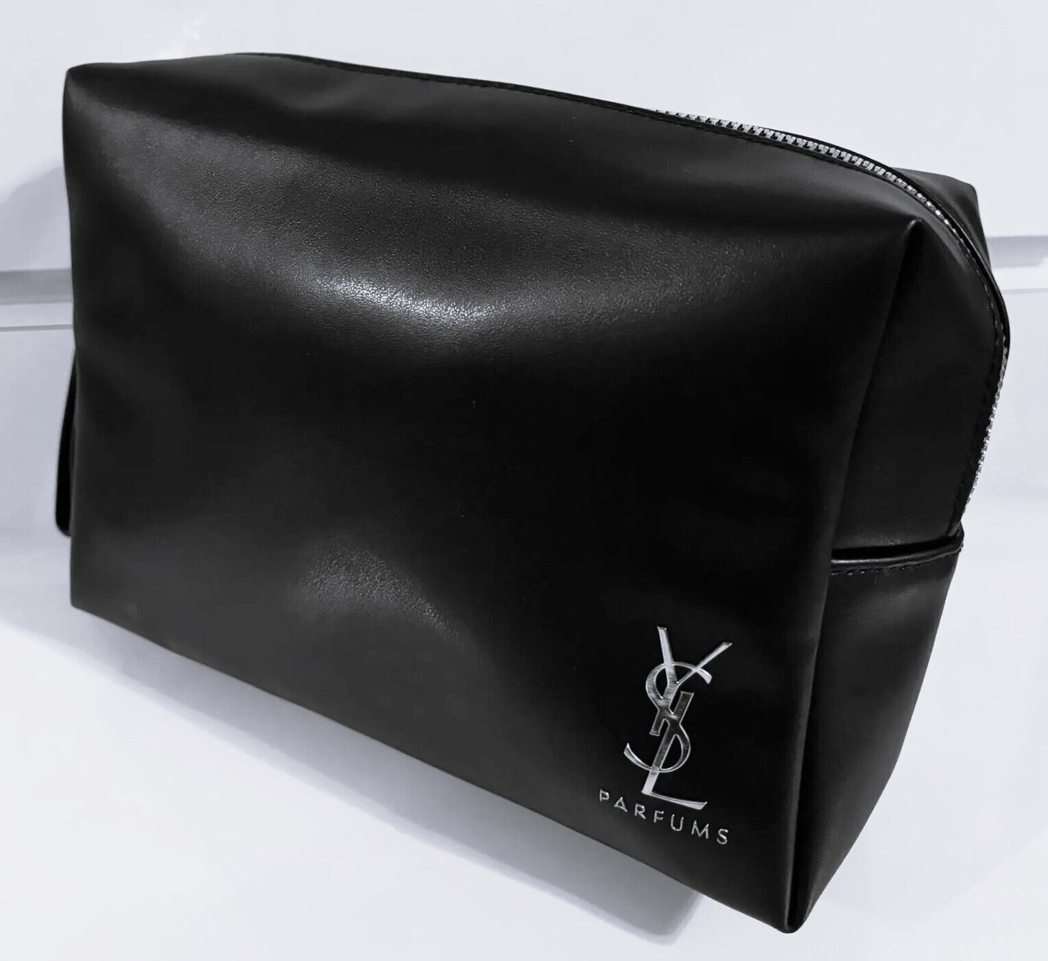 YSL Yves Saint Laurent Black Faux Leather Silver Logo Toiletry Makeup Bag NEW!